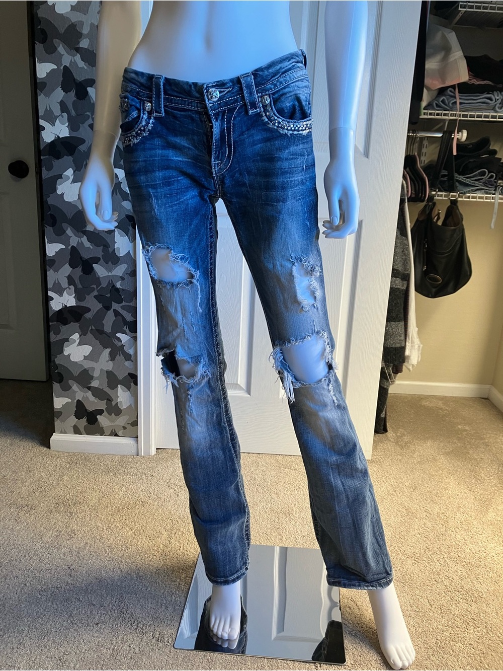 Miss Me Distressed Dark Blue Boot-Cut Jeans with Embellished Pockets